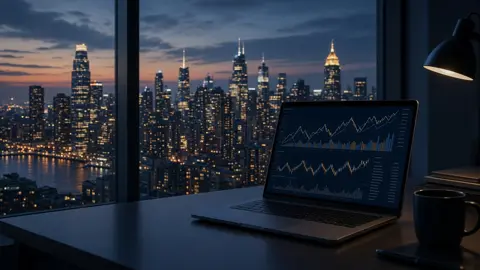 Laptop showing financial charts in front of a city skyline at dusk
