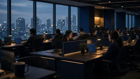 Agents with headsets working at desks in a modern office at dusk