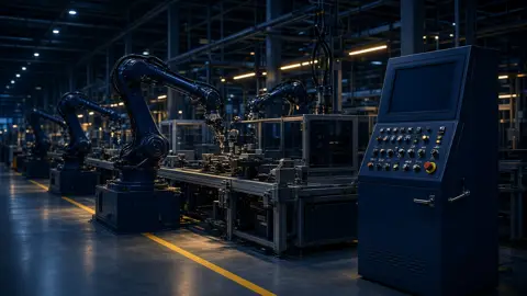 Robotic arms and a control panel on a factory floor