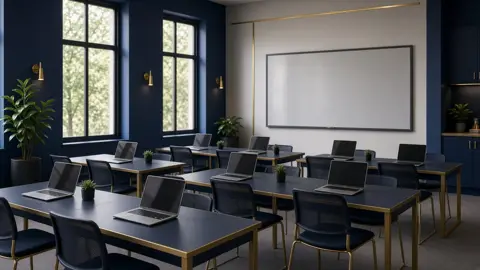 Empty classroom with laptops on rows of desks