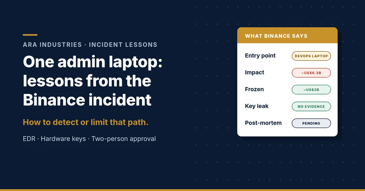Navy and gold ARA Industries header reading one admin laptop, lessons from the Binance incident, beside a card listing the facts Binance has confirmed so far.