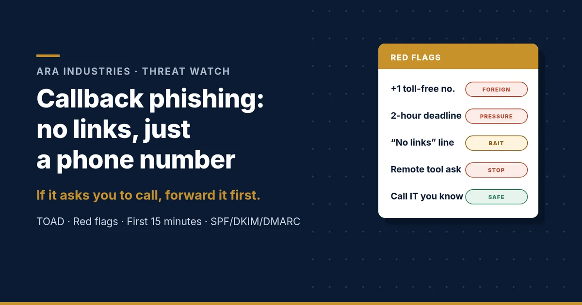 Navy and gold ARA Industries header reading Callback phishing, the scam email with no links, only a phone number, beside a red-flag card listing a foreign toll-free number, a 2-hour deadline, a no-links line and a remote-access request.