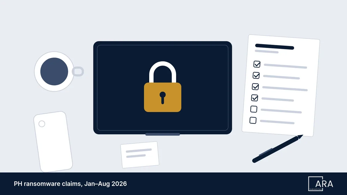 Flat vector illustration of a small-business desk with a closed laptop, padlock and one-page security checklist, for a guide to the 2026 rise in ransomware claims against Philippine organizations