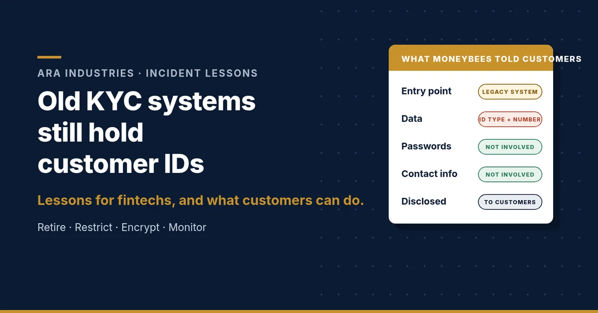 Navy and gold ARA Industries header reading old KYC systems still hold customer IDs, beside a card summarising what the company's notice to customers says.