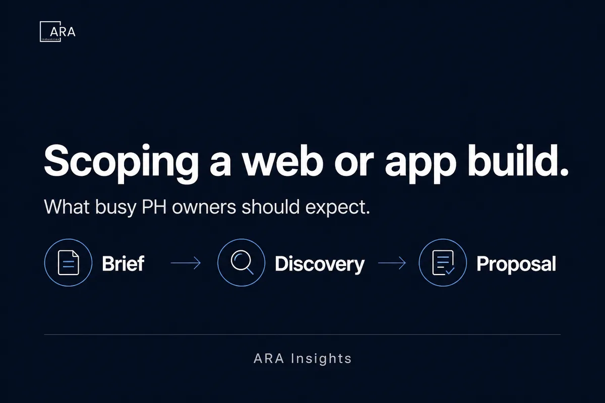 Header image for the ARA Industries article: What “Scoping a Web or App Build” Should Look Like for a Busy PH Owner