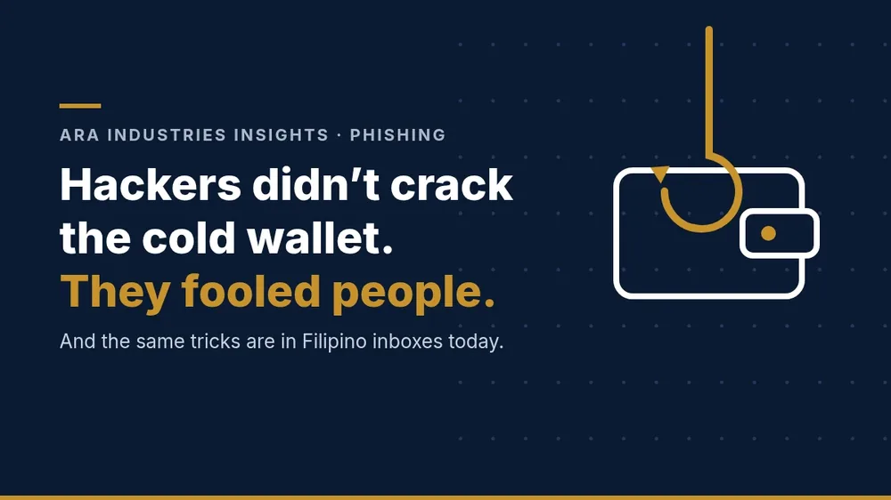 Navy header graphic with a fishing hook dropping into a wallet icon and the headline: Hackers didn't crack the cold wallet. They fooled people