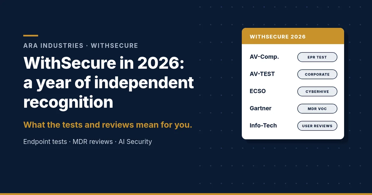 Navy and gold ARA Industries header reading WithSecure in 2026, a year of independent recognition, beside a card listing the 2026 evaluations of WithSecure by AV-Comparatives, AV-TEST, ECSO, Gartner and Info-Tech.