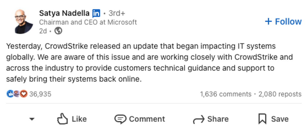 Satya Nadella on Crowdstrike